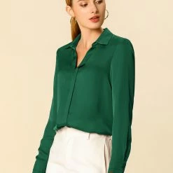 Allegra K V Neck Long Sleeve Work Shirt