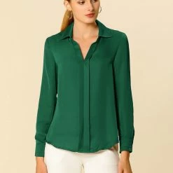 Allegra K V Neck Long Sleeve Work Shirt