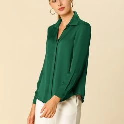 Allegra K V Neck Long Sleeve Work Shirt