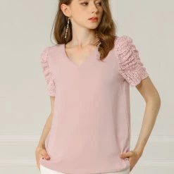Allegra K Women's Elegant Tucked Lace Sleeve Blouse V Neck Solid Color Shirt Top
