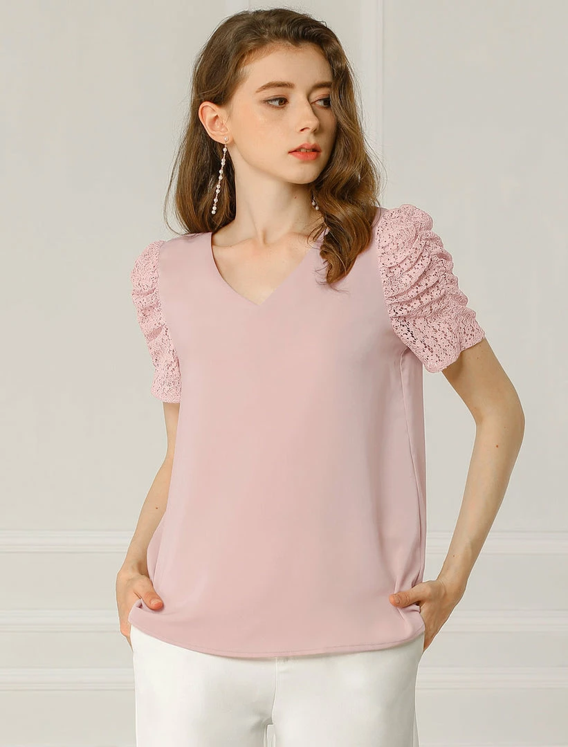 Allegra K Women's Elegant Tucked Lace Sleeve Blouse V Neck Solid Color Shirt Top 3 Allegra K Women's Elegant Tucked Lace Sleeve Blouse V Neck Solid Color Shirt Top