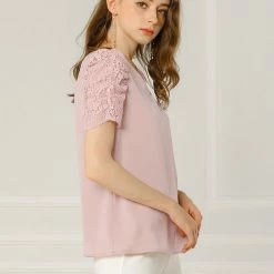 Allegra K Women's Elegant Tucked Lace Sleeve Blouse V Neck Solid Color Shirt Top 10 Allegra K Women's Elegant Tucked Lace Sleeve Blouse V Neck Solid Color Shirt Top