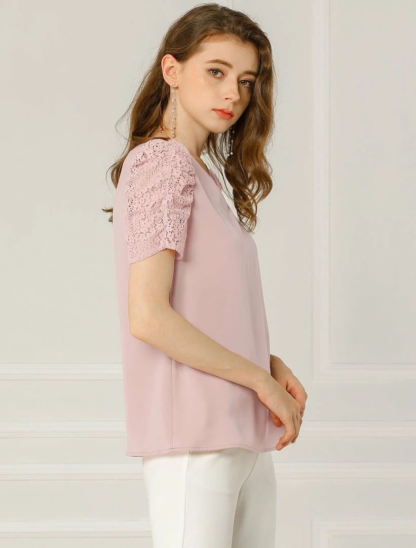 Allegra K Women's Elegant Tucked Lace Sleeve Blouse V Neck Solid Color Shirt Top 5 Allegra K Women's Elegant Tucked Lace Sleeve Blouse V Neck Solid Color Shirt Top