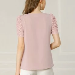Allegra K Women's Elegant Tucked Lace Sleeve Blouse V Neck Solid Color Shirt Top 11 Allegra K Women's Elegant Tucked Lace Sleeve Blouse V Neck Solid Color Shirt Top