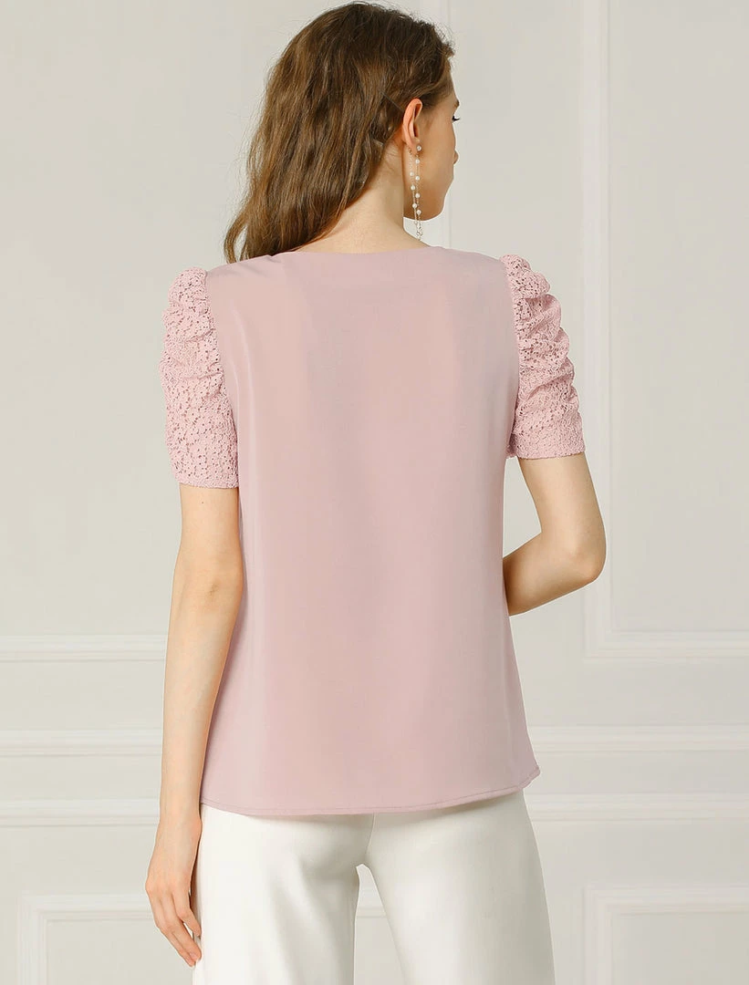 Allegra K Women's Elegant Tucked Lace Sleeve Blouse V Neck Solid Color Shirt Top 6 Allegra K Women's Elegant Tucked Lace Sleeve Blouse V Neck Solid Color Shirt Top