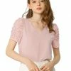 Allegra K Women's Elegant Tucked Lace Sleeve Blouse V Neck Solid Color Shirt Top