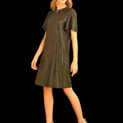 Allegra K Women's Sparkle Sequin Flutter Short Sleeve Shift Metallic Dress