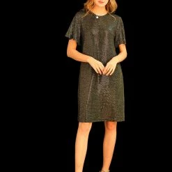 Allegra K Women's Sparkle Sequin Flutter Short Sleeve Shift Metallic Dress