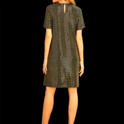 Allegra K Women's Sparkle Sequin Flutter Short Sleeve Shift Metallic Dress
