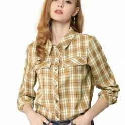 Allegra K Women's Vintage Collared Long Sleeve Button Front Tartan Buffalo Plaid Shirts