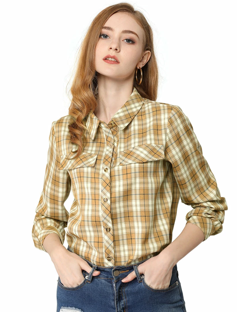 Allegra K Women's Vintage Collared Long Sleeve Button Front Tartan Buffalo Plaid Shirts 4 Allegra K Women's Vintage Collared Long Sleeve Button Front Tartan Buffalo Plaid Shirts