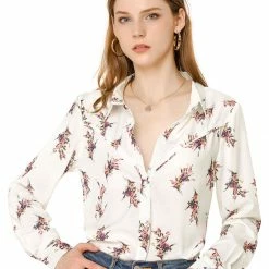 Allegra K Women's Casual Long Sleeves Button Down Turn Down Collar Floral Print Shirt Top
