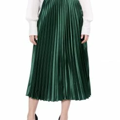 Allegra K Skirts Women's Elastic Waist Party Metallic Shiny Accordion Pleated Midi Skirt