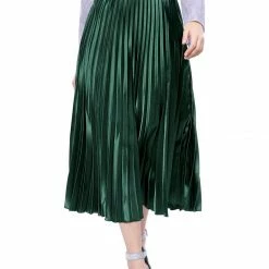 Allegra K Skirts Women's Elastic Waist Party Metallic Shiny Accordion Pleated Midi Skirt