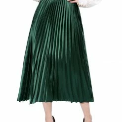 Allegra K Skirts Women's Elastic Waist Party Metallic Shiny Accordion Pleated Midi Skirt