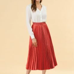 Allegra K Skirts Women's Elastic Waist Party Metallic Shiny Accordion Pleated Midi Skirt