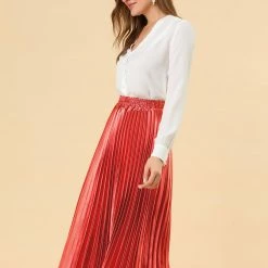 Allegra K Skirts Women's Elastic Waist Party Metallic Shiny Accordion Pleated Midi Skirt