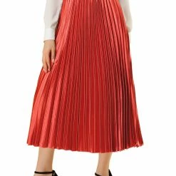 Allegra K Skirts Women's Elastic Waist Party Metallic Shiny Accordion Pleated Midi Skirt