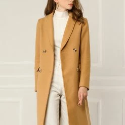 Allegra K Wool-Blend Shawl Collar Double Breasted Overcoat With Flap Pockets