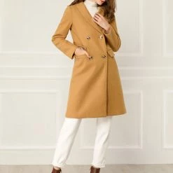 Allegra K Wool-Blend Shawl Collar Double Breasted Overcoat With Flap Pockets
