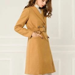 Allegra K Wool-Blend Shawl Collar Double Breasted Overcoat With Flap Pockets