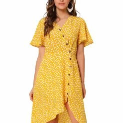 Allegra K Women's Short Sleeve Casual V Neck Asymmetrical High Low Floral Midi Dress