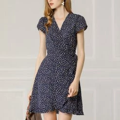 Allegra K Women's Spring Ruffle Hem Irregular Dot Short Sleeve Above Knee Length V-Neck Chiffon Floral Wrap Dress 39 Allegra K Women's Spring Ruffle Hem Irregular Dot Short Sleeve Above Knee Length V-Neck Chiffon Floral Wrap Dress