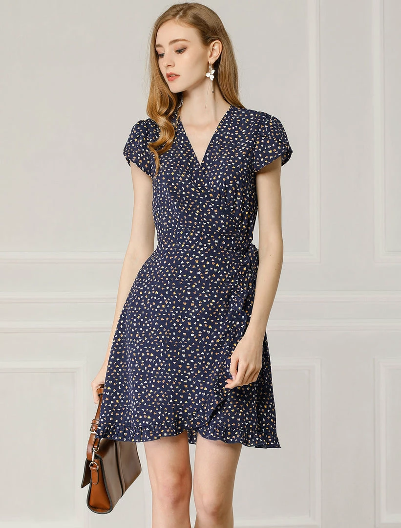 Allegra K Women's Spring Ruffle Hem Irregular Dot Short Sleeve Above Knee Length V-Neck Chiffon Floral Wrap Dress 16 Allegra K Women's Spring Ruffle Hem Irregular Dot Short Sleeve Above Knee Length V-Neck Chiffon Floral Wrap Dress