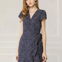 Allegra K Women's Spring Ruffle Hem Irregular Dot Short Sleeve Above Knee Length V-Neck Chiffon Floral Wrap Dress 40 Allegra K Women's Spring Ruffle Hem Irregular Dot Short Sleeve Above Knee Length V-Neck Chiffon Floral Wrap Dress