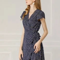 Allegra K Women's Spring Ruffle Hem Irregular Dot Short Sleeve Above Knee Length V-Neck Chiffon Floral Wrap Dress 41 Allegra K Women's Spring Ruffle Hem Irregular Dot Short Sleeve Above Knee Length V-Neck Chiffon Floral Wrap Dress