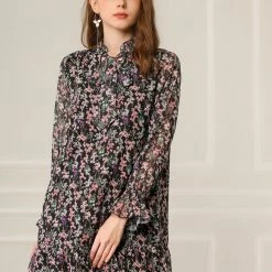 Allegra K Women's Ruffle Tie Neck Loose Shift Floral Dress