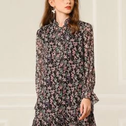 Allegra K Women's Ruffle Tie Neck Loose Shift Floral Dress