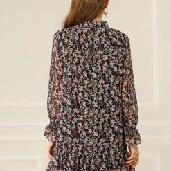 Allegra K Women's Ruffle Tie Neck Loose Shift Floral Dress