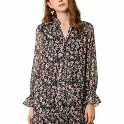 Allegra K Women's Ruffle Tie Neck Loose Shift Floral Dress