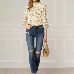 Allegra K Women's Ruffle Trim Polka Dots Blouse Long Sleeve Back Bow Tie Cute Top Shirt 70 Allegra K Women's Ruffle Trim Polka Dots Blouse Long Sleeve Back Bow Tie Cute Top Shirt