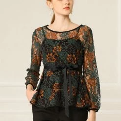 Allegra K Self-Tie Waist Bi-Color Contrast Lace Peplum Top 82 Allegra K Self-Tie Waist Bi-Color Contrast Lace Peplum Top