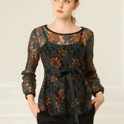 Allegra K Self-Tie Waist Bi-Color Contrast Lace Peplum Top 83 Allegra K Self-Tie Waist Bi-Color Contrast Lace Peplum Top