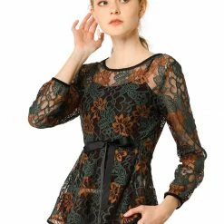 Allegra K Self-Tie Waist Bi-Color Contrast Lace Peplum Top 81 Allegra K Self-Tie Waist Bi-Color Contrast Lace Peplum Top