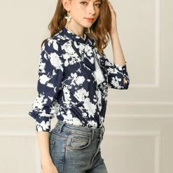 Allegra K Boho Floral Printed Shirts V Neck Pussy-Bow Blouse Top Women