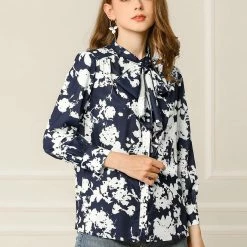 Allegra K Boho Floral Printed Shirts V Neck Pussy-Bow Blouse Top Women