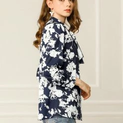 Allegra K Boho Floral Printed Shirts V Neck Pussy-Bow Blouse Top Women