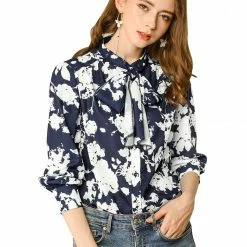 Allegra K Boho Floral Printed Shirts V Neck Pussy-Bow Blouse Top Women