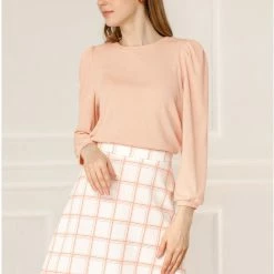 Allegra K Women's Knitted Puff Sleeve Crew Neck Ribbed Pullover Tops