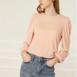 Allegra K Women's Knitted Puff Sleeve Crew Neck Ribbed Pullover Tops