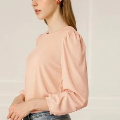 Allegra K Women's Knitted Puff Sleeve Crew Neck Ribbed Pullover Tops