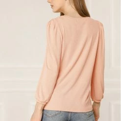 Allegra K Women's Knitted Puff Sleeve Crew Neck Ribbed Pullover Tops