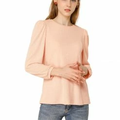 Allegra K Women's Knitted Puff Sleeve Crew Neck Ribbed Pullover Tops
