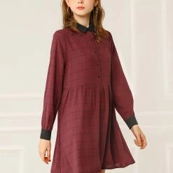 Allegra K Women's Plaid Long Sleeve Half Placket Contrast Point Collar Shirt Dress