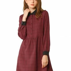Allegra K Women's Plaid Long Sleeve Half Placket Contrast Point Collar Shirt Dress