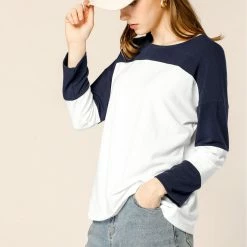 Allegra K Women's Color Block Long Sleeve Stretch Round Neck Knit Top